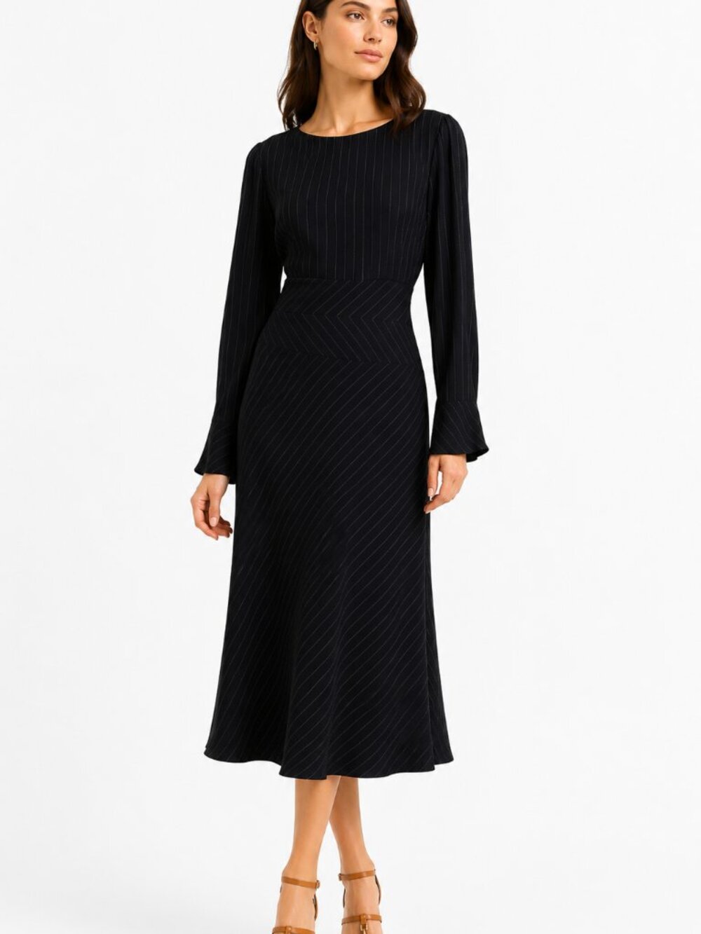 DAVID WARREN NEW YORK VINTAGE 90S BLACK WHITE PINSTRIPE TRUMPET DRESS - 6